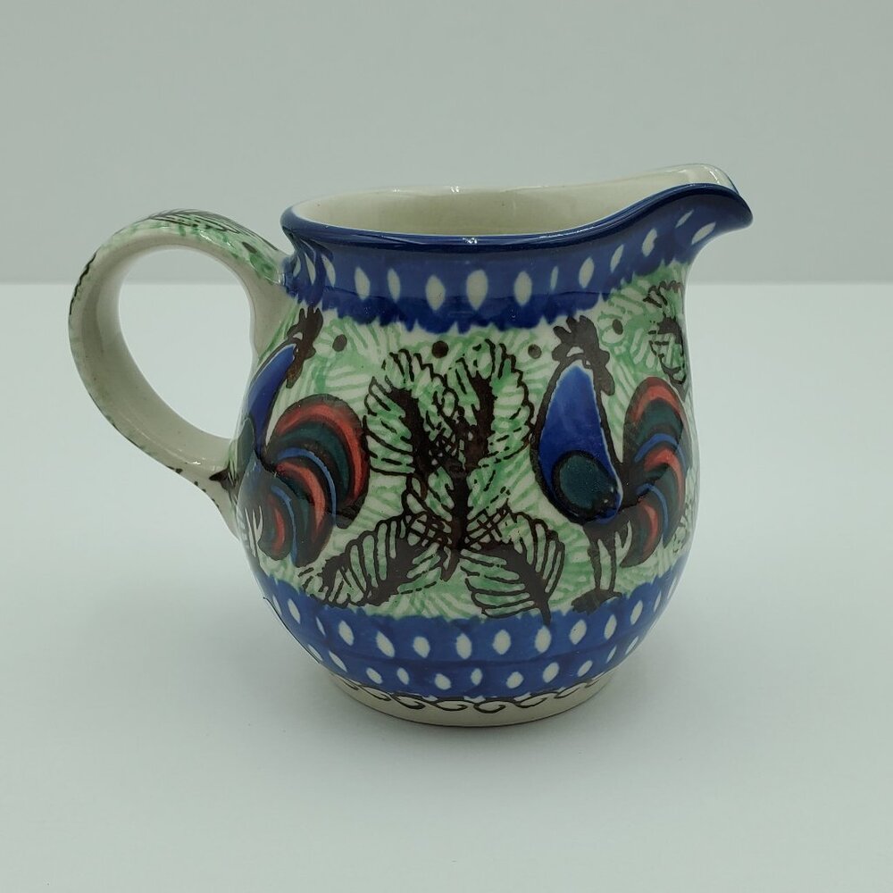 Polish Pottery Rooster Row Creamer Unikat Small Blue & Green Rooster Creamer